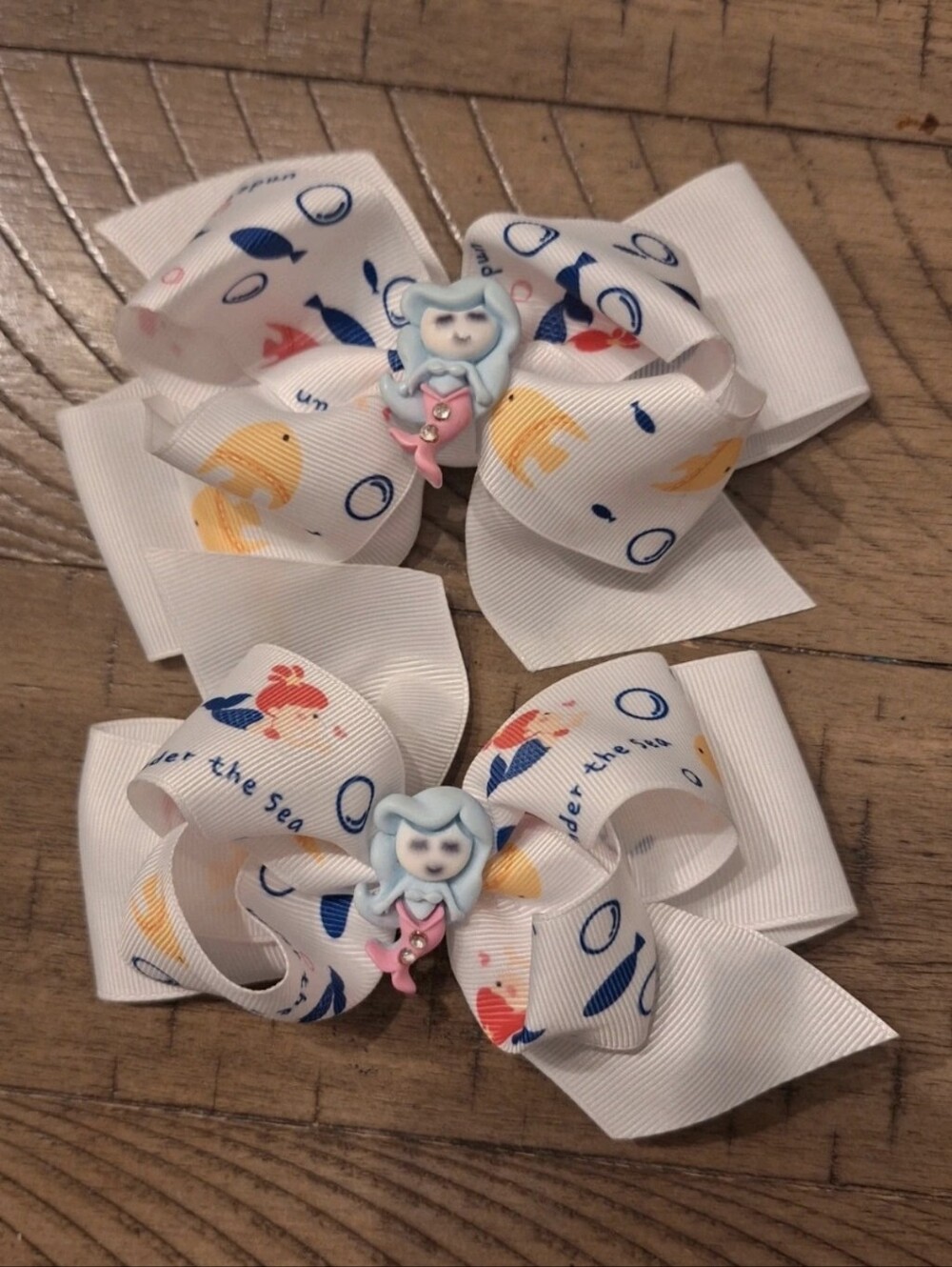 White Mermaid Ribbon Hair Bows with Blue & Yellow Accents